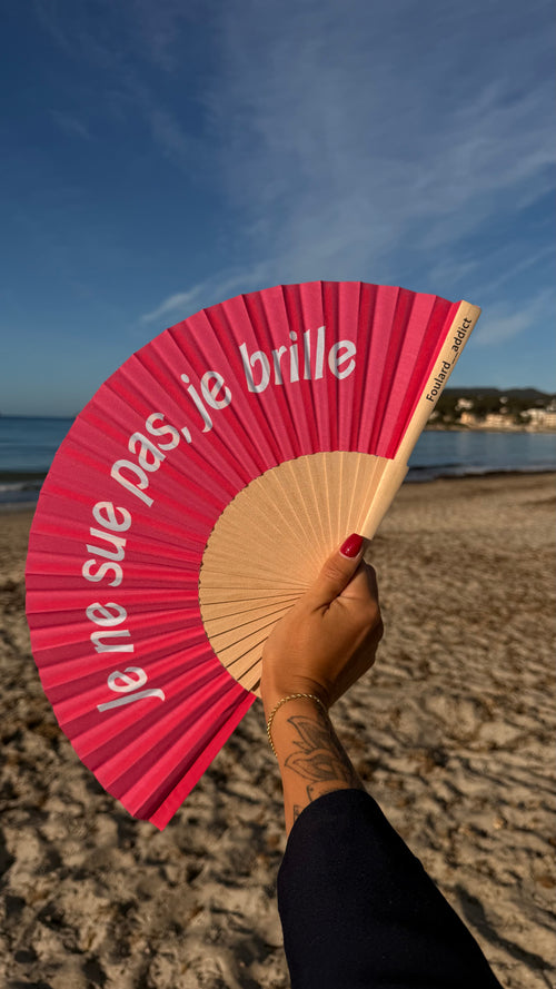 Éventail « je ne sue pas, je brille » rose et blanc
