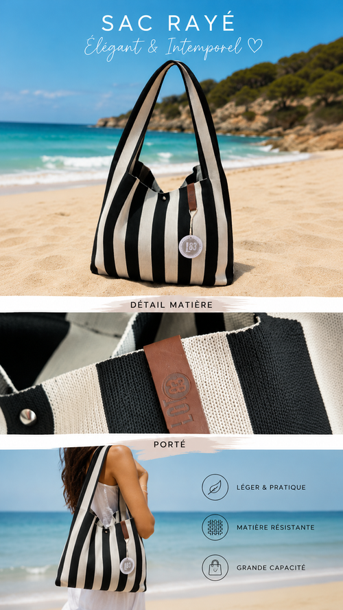 Sac Shopper Rayé Noir & Écru – Grand Cabas Femme LOT83