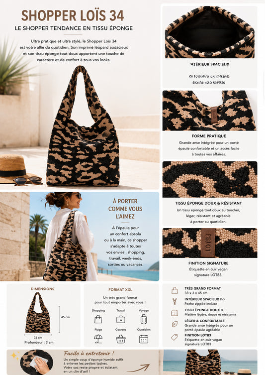 Sac éponge léopard noir et beige – Grand sac