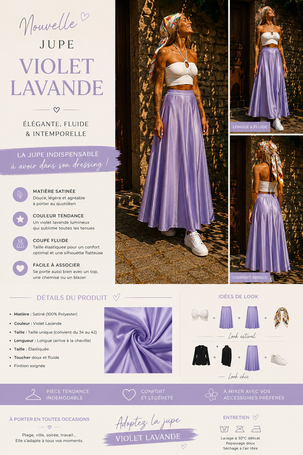 Jupe violet lavande 32/42 longueur mi cheville