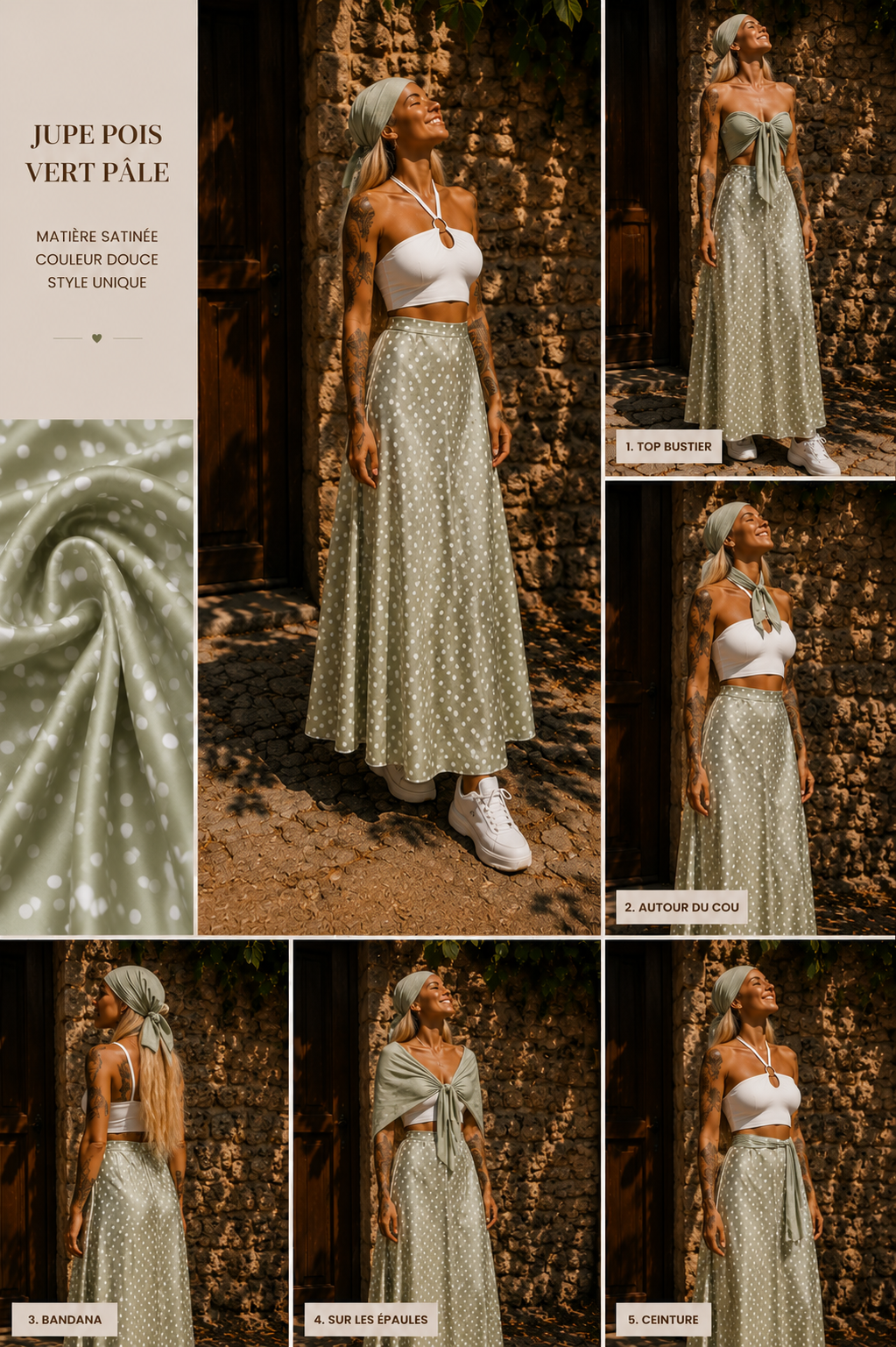 Jupe vert pale à pois blanc  taille 32/42 longueur mi cheville