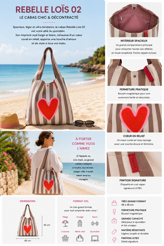 Sac shopper gris blanc avec cœur  – Grand sac