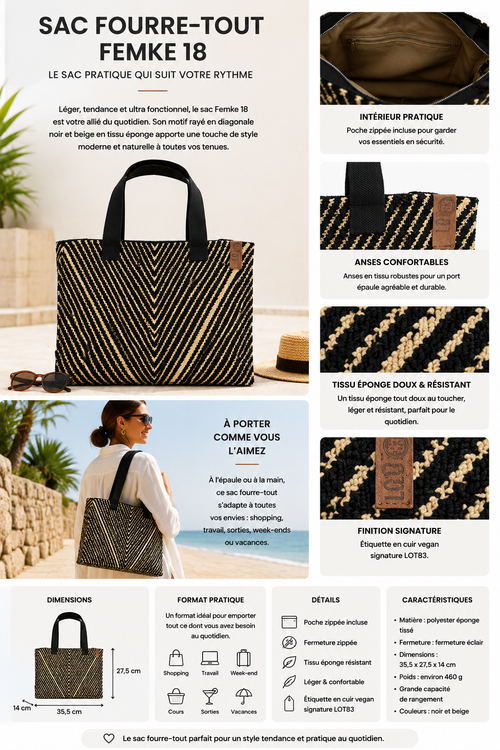 Sac Cabas beige et noir – Sac Zippé