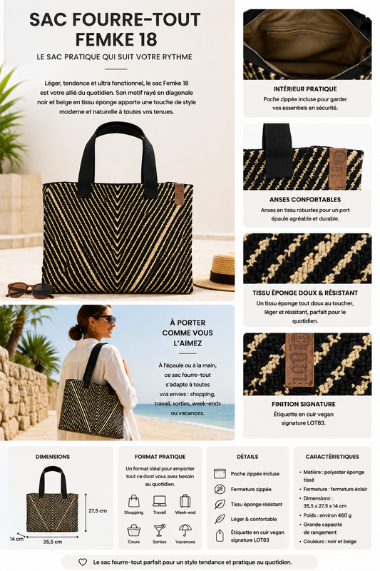 Sac Cabas beige et noir – Sac Zippé
