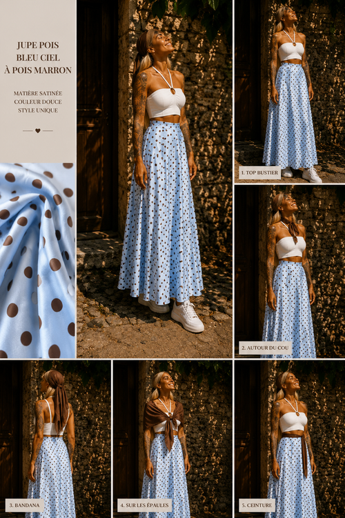 Jupe bleu ciel  à pois marron 34-52