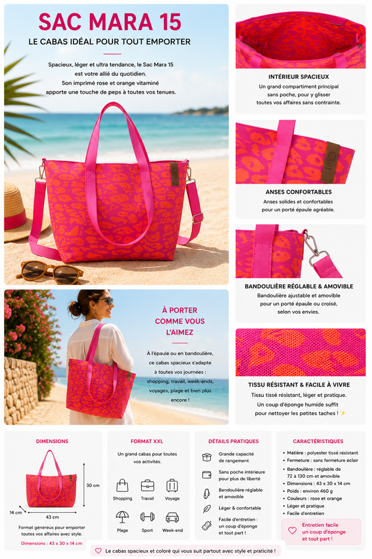 Sac cabas format moyen léopard rose et orange avec bandoulière