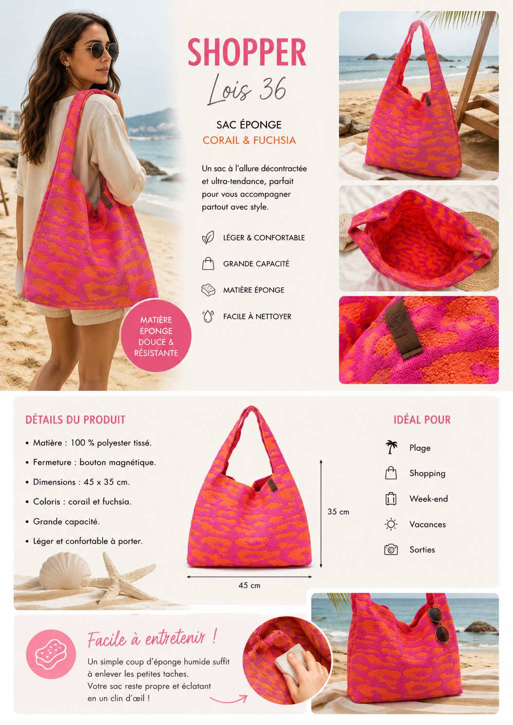 Sac EPONGE léopard Femme Fuchsia & Corail – Grand sac