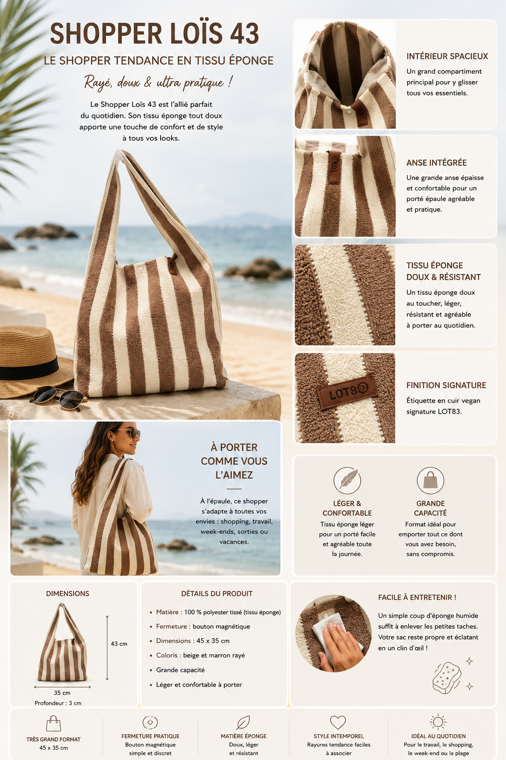 Sac éponge rayé beige et top – Grand sac
