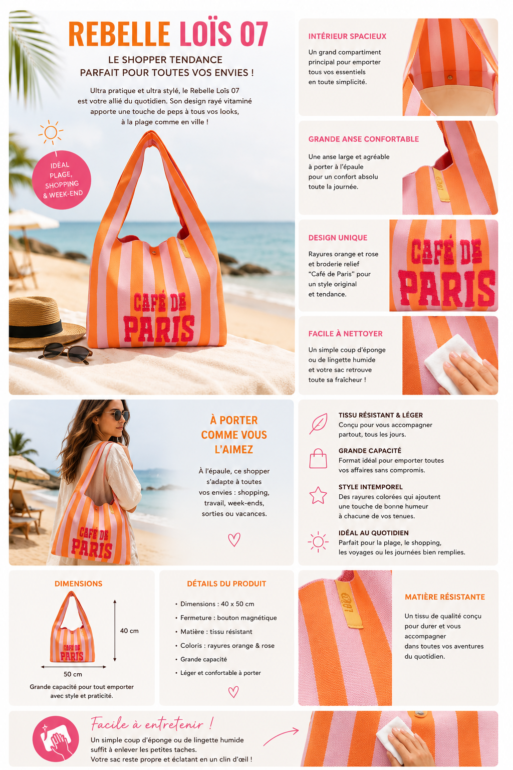 Sac café de Paris orange rayé rose pale – Grand sac