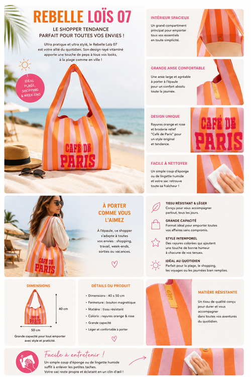 Sac café de Paris orange rayé rose pale – Grand sac