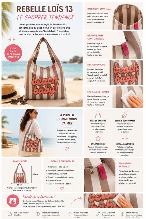 Sac BEACH BABY!  rayé blanc et gris – Grand sac