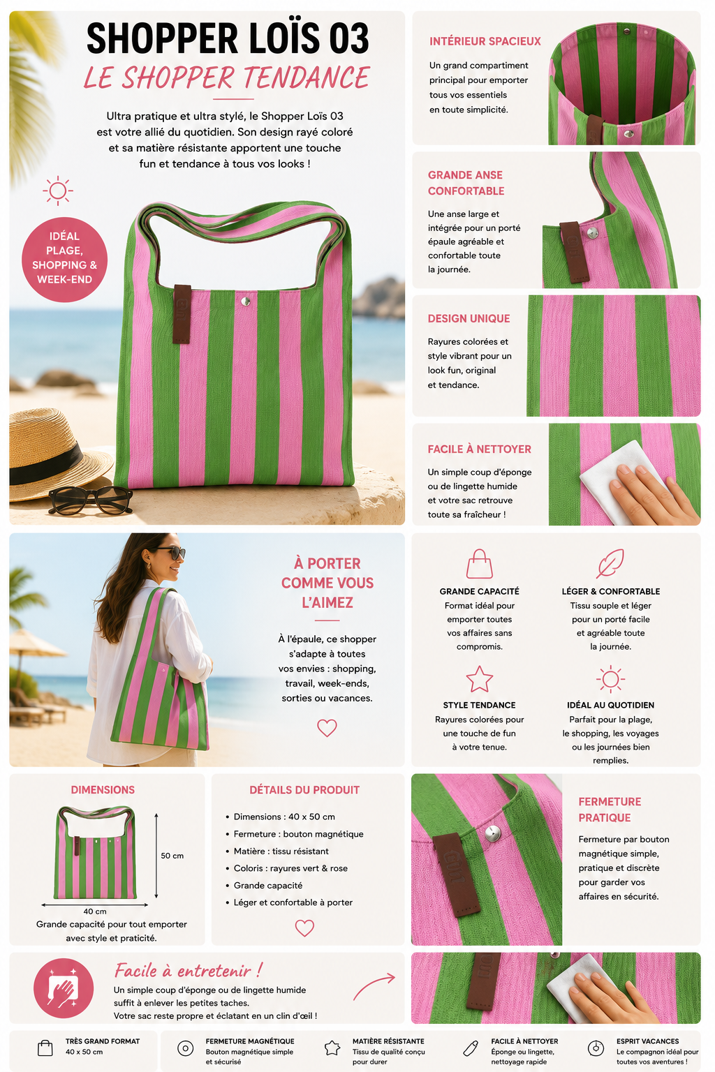 Sac rayé rose et vert  – Grand sac