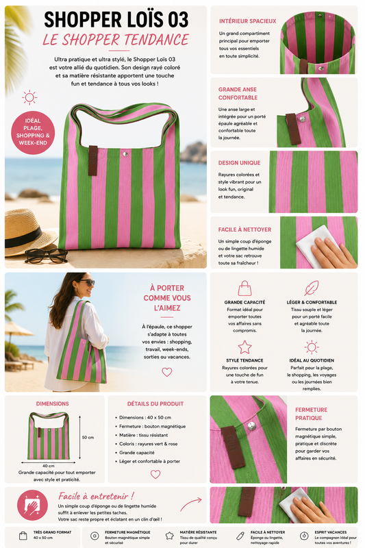 Sac rayé rose et vert  – Grand sac